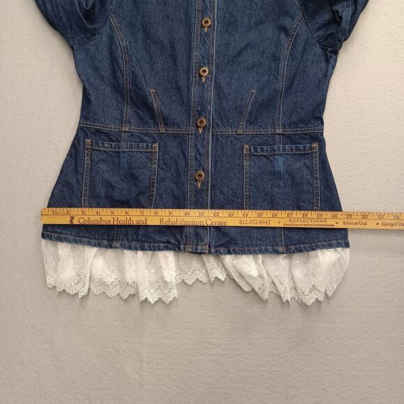 Small Size 14 Jean Jacket Lace Trim Button Up I.E Relaxed Dark Denim - Picture 5 of 10